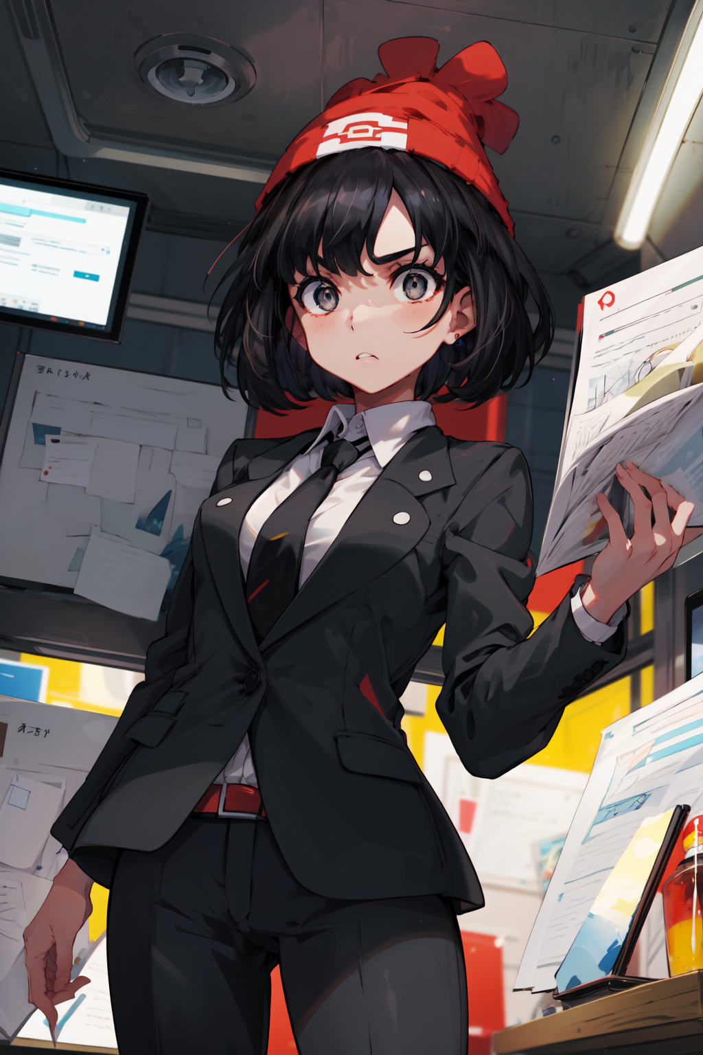 00404-2771265304-masterpiece,best quality,1girl,selene1,selene _(pokemon_),grey eyes,black hair,short hair,red headwear,beanie,(business suit),ne.png